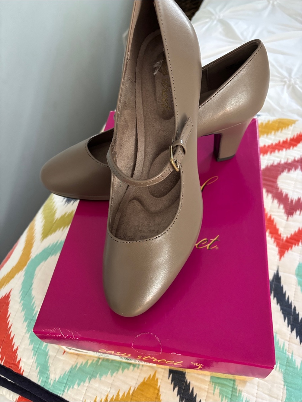 easy street Zest Taupe Mary Jane Block Heel Pumps